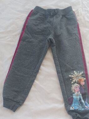 Frozen Disney Girl's Grey Jogger Pants with Pink Double Side Stripes